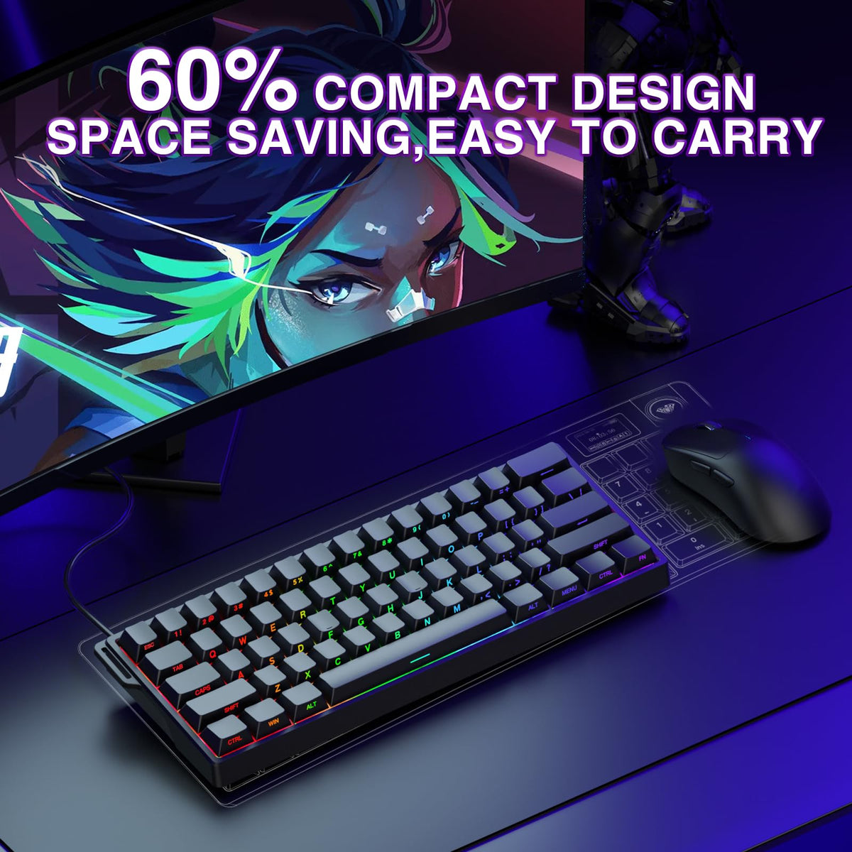 AULA WIN60 HE Mechanical Gaming Keyboard Wired,Hall Effect Magnetic Switches,Adjustable Actuation Rapid Trigger,8K Polling Rate,RGB Backlight,60% Percent Keyboard for Mac/Win (BLACK) (Pack of 2)