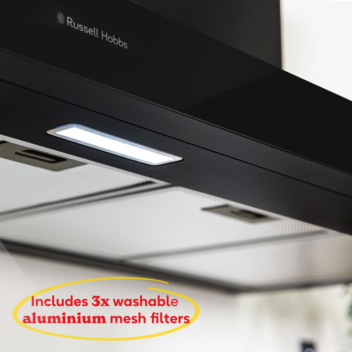 Russell Hobbs 90cm T-Shaped Cooker Hood in Stainless Steel with 3 Speed Settings, 3x Washable Aluminium Filters, Extraction or Recirculation, Boost Function, LED Lights A++ Energy Rating, RHGCH903SS