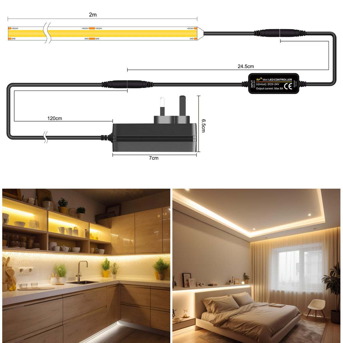 TTWAY COB LED Strip Lights 2700K, Dimmable LED Strip Kit, Super Bright 24V LED Tape Lights CRI90+ with RF Remote and UKCA Power Supply for DIY Home Decoration, 5M, 2400LEDs, Warm White.