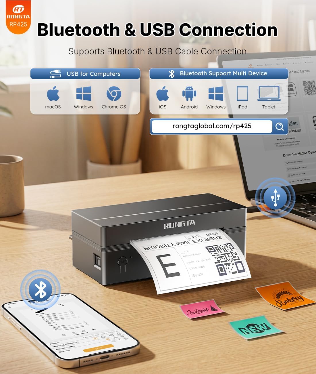 Rongta Bluetooth Thermal Shipping Label Printer, Wireless 4x6 Label Printer for Postage, Address (RP425)