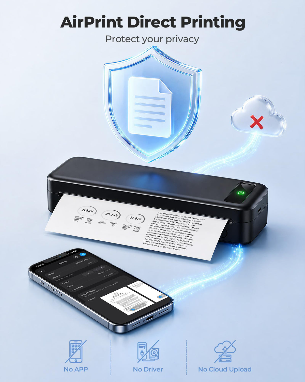 Portable Thermal Printer A4 Inkless Wireless Bluetooth Small Mobile - Black
