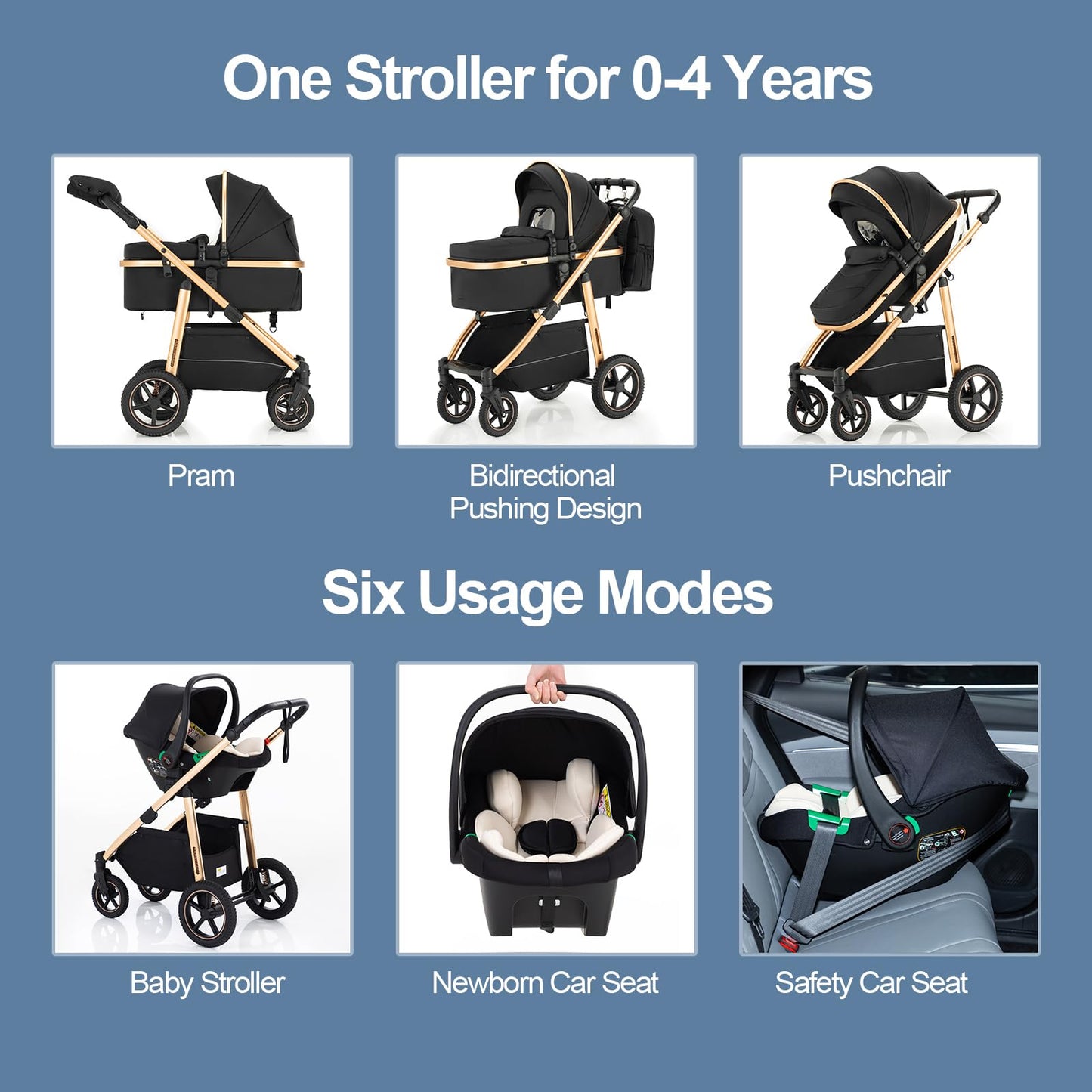 Gcarebb 3 in 1 Prams Travel System, Pushchair with Height Adjustable Handle, Travel Pram with Mosquito Net, Baby Stroller with Aluminum Frame for Newborn 0-4 Years