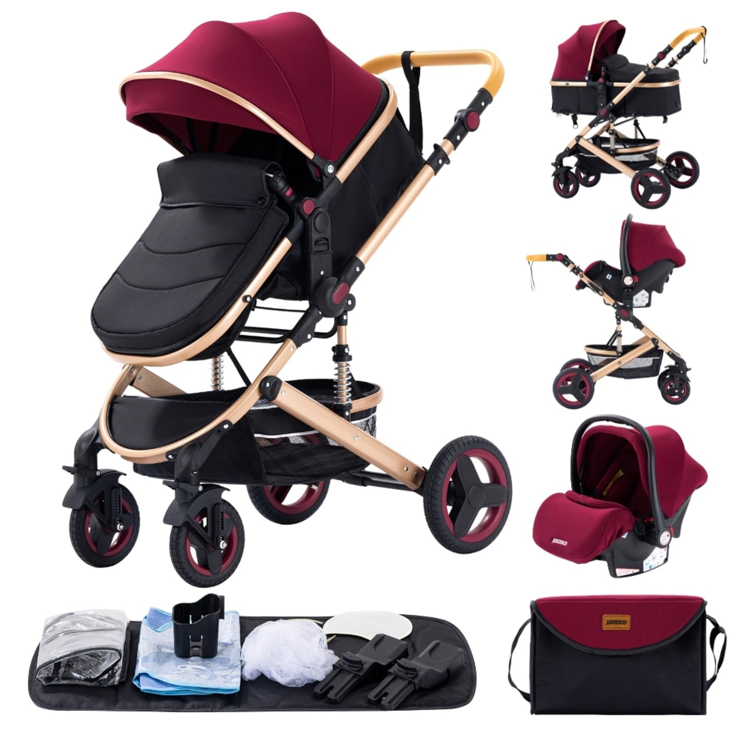 GLOKID 3 in 1 Prams Travel System, 0-4 Years, Foldable, Compact and Reclining Baby Pushchair, Aluminum Frame, Accessories, Nursery Bag (530 Red)