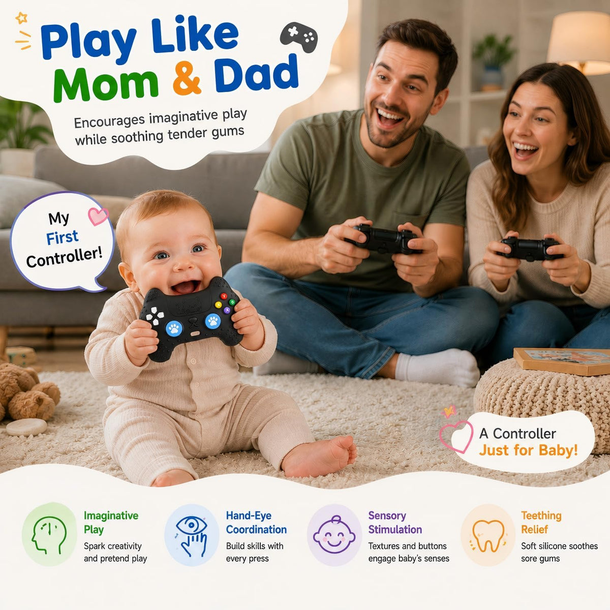 AiTuiTui Baby Teether for Teething Relief Baby Toys 0 3 6 9 12 Months, Sensory Silicone Remote Control Baby Teether Toy for Babies Newborn Infant Boy Girl Autism Toys for Baby Gifts
