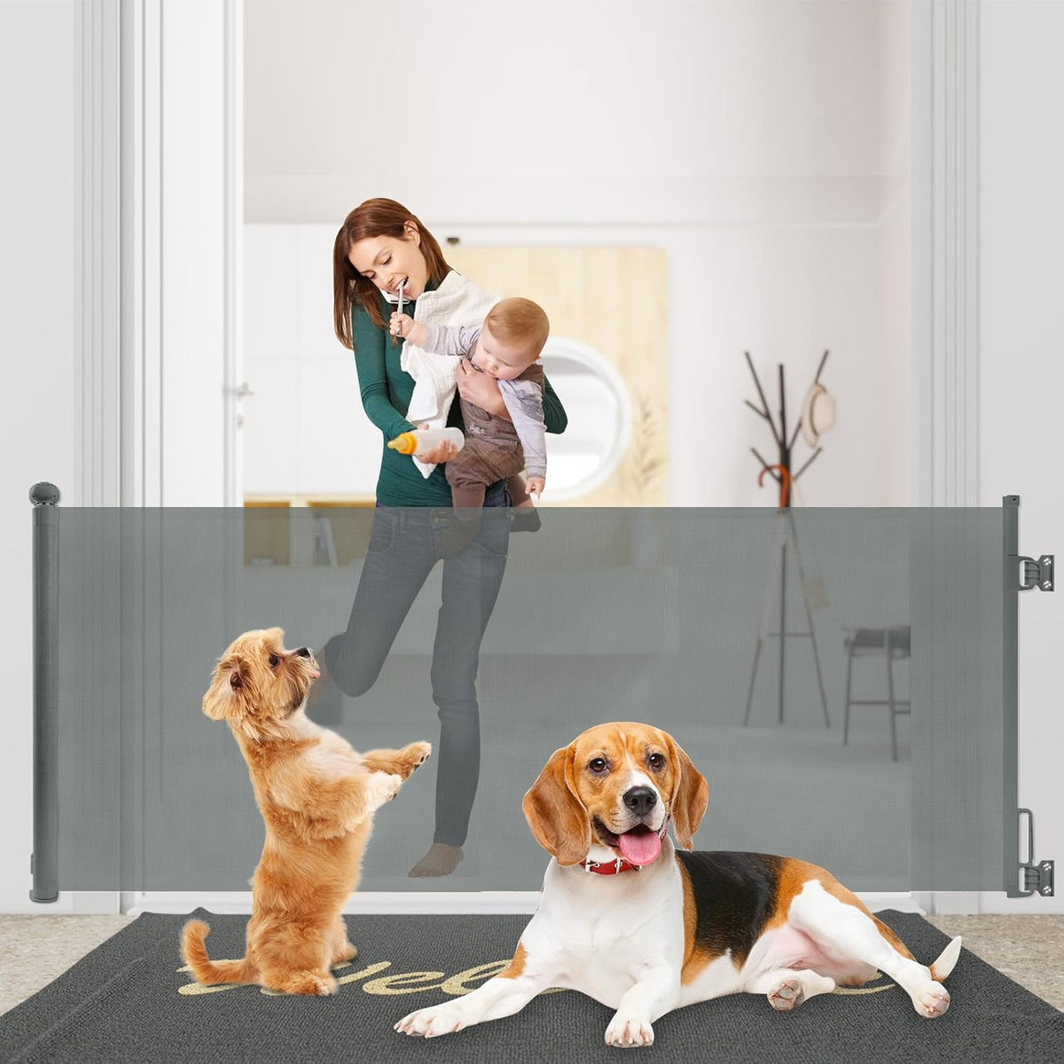 Rainberg Retractable Stair Gate for Baby & Pet with Secure 2-Step Lock 150cm Wide & 80cm Tall, One Hand Operated Baby Gate, Child Safety Gate for Doorways Stairs, Hallways, Kitchen (Grey)