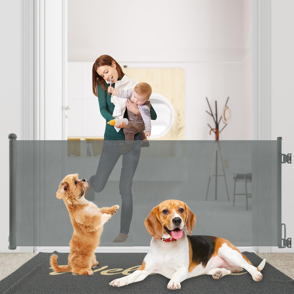 Rainberg Retractable Stair Gate for Baby & Pet with Secure 2-Step Lock 150cm Wide & 80cm Tall, One Hand Operated Baby Gate, Child Safety Gate for Doorways Stairs, Hallways, Kitchen (Grey)