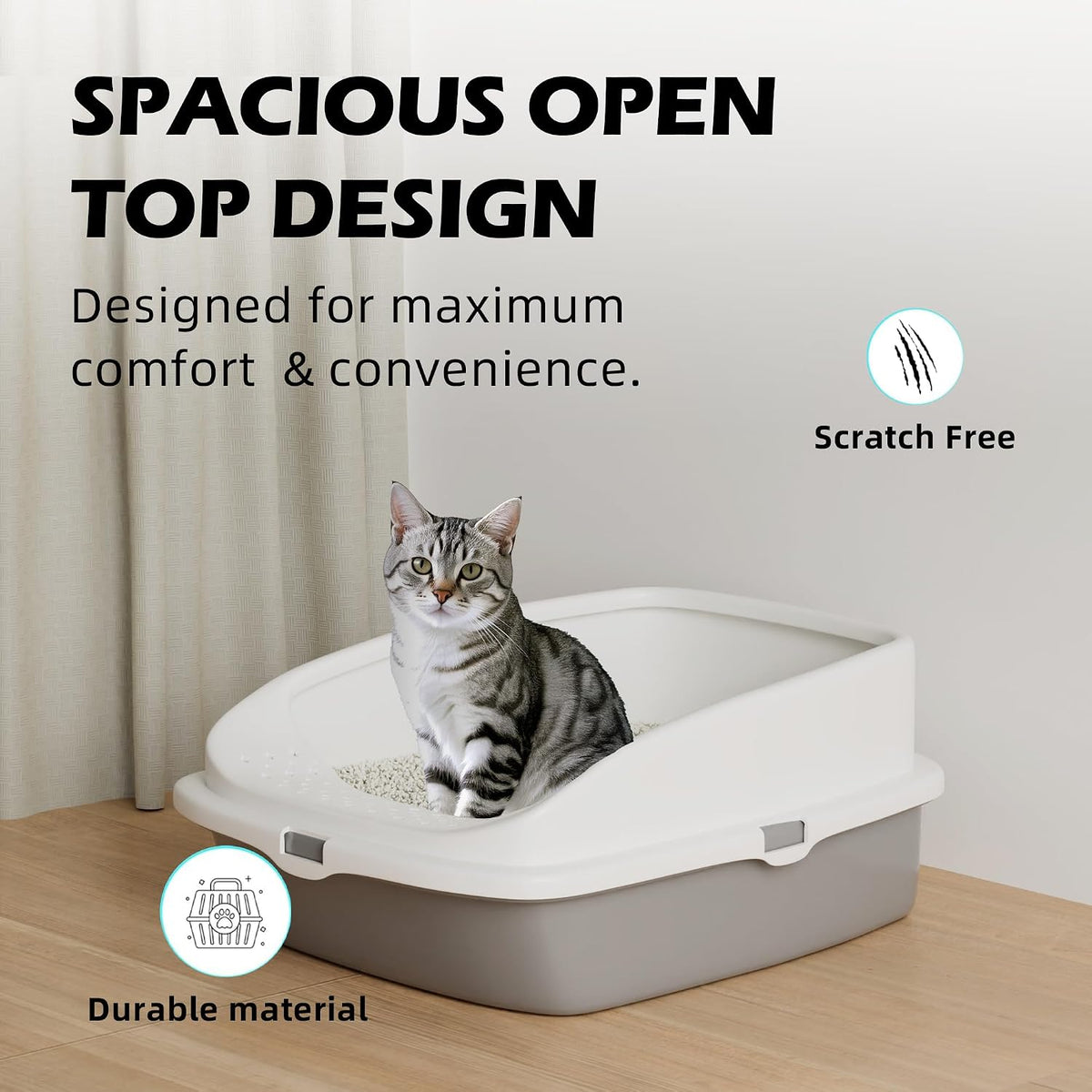 Cat Litter Tray Box, Litter Box, Plastic Cat Open Top Litter Tray with Free Scoop Kitten Detachable Rim Easy Cleaning,49 x 38 x 23cm (Grey)
