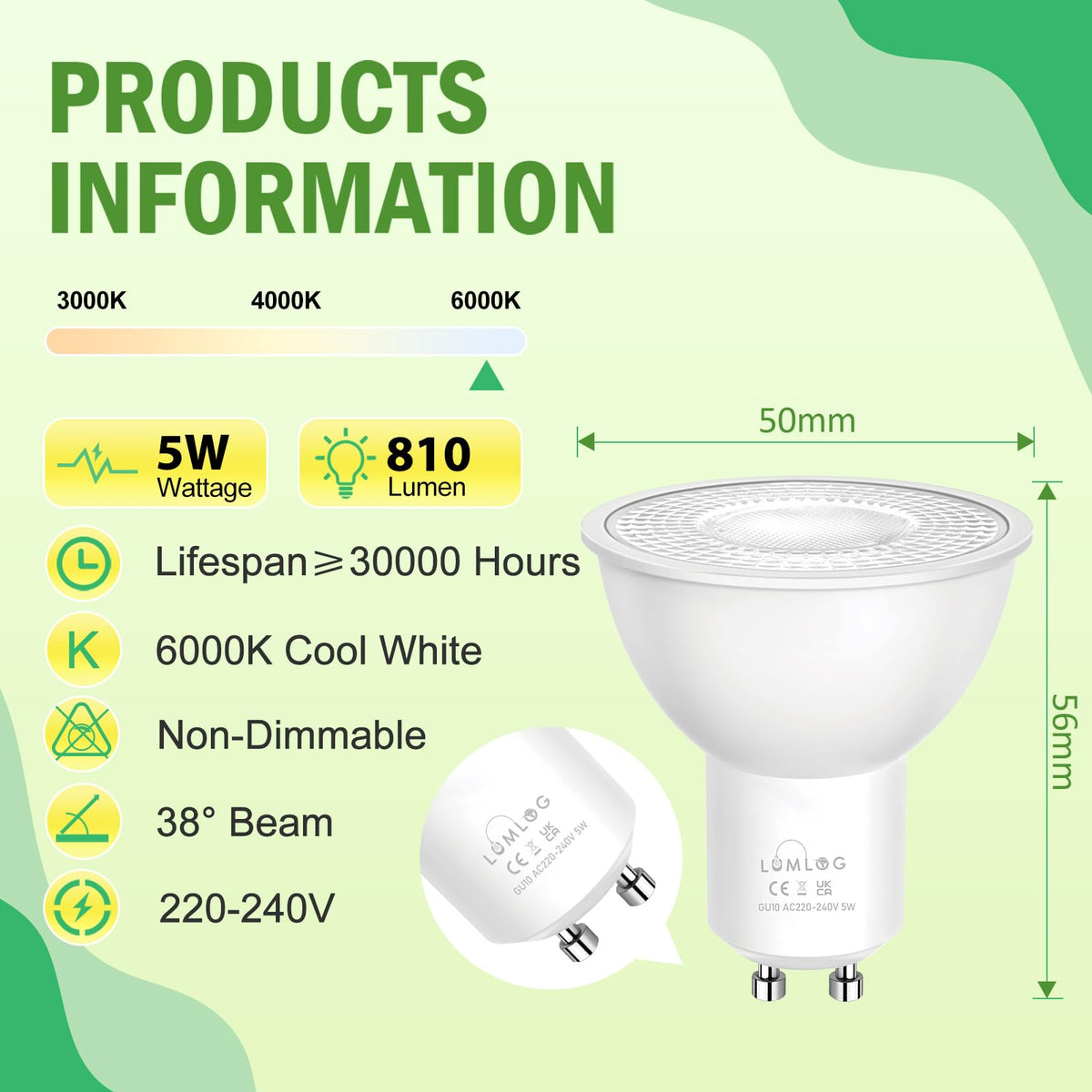 GU10 Led Bulbs Natural White 4000K, 5W Spotlight Light Bulb, 810LM Energy Saving LED Bulb, (50W Equivalent), Non-Flicker, Non-Dimmable, for Home Lighting, 10 Pack [Energy Class C]