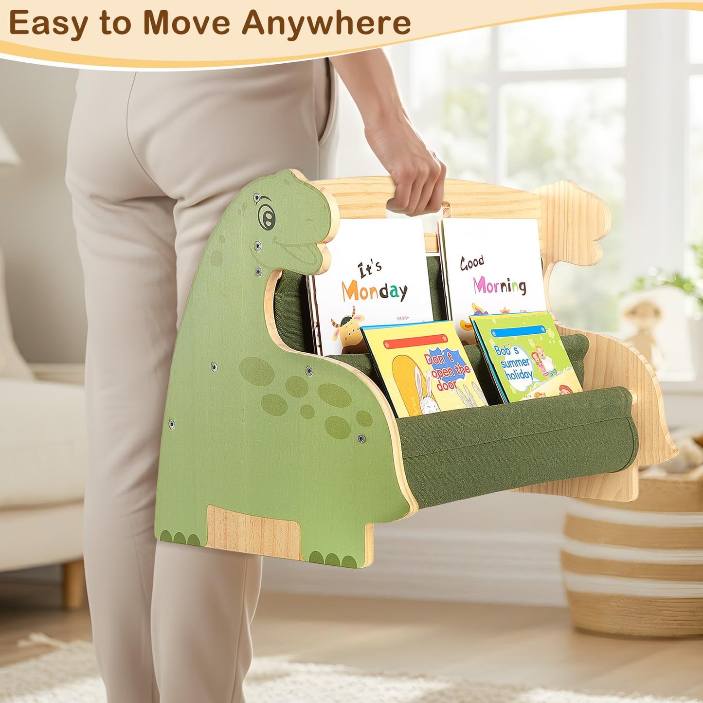 MHJY Kids Bookshelf – Wooden Double-Sided Sling Book Rack with Canvas Storage, Toddler Bookcase for Nursery, Bedroom, Playroom – Montessori Style Children’s Book Organiser