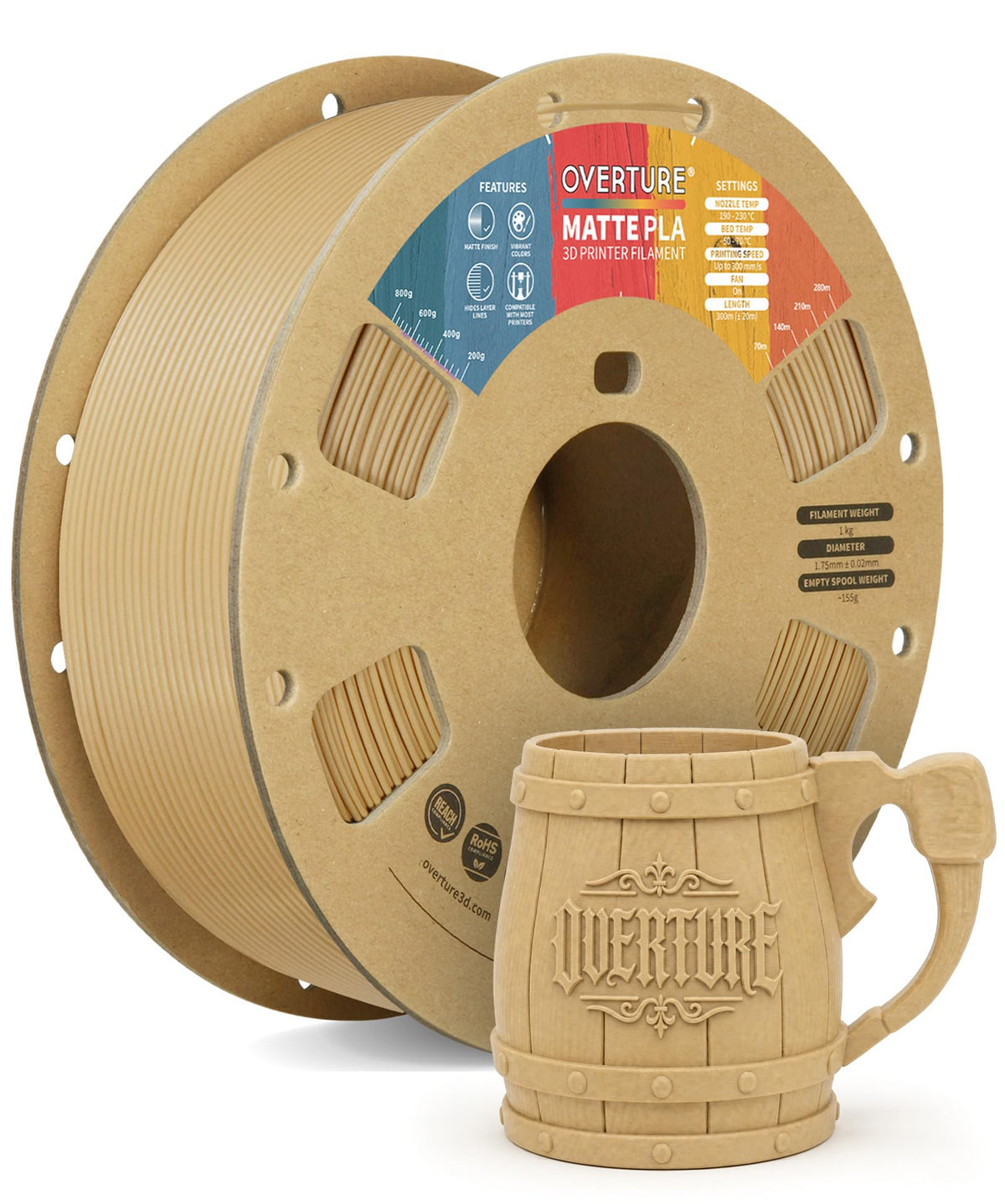 OVERTURE Matte PLA 3D Printer Filament 1.75mm, 1kg Light Brown