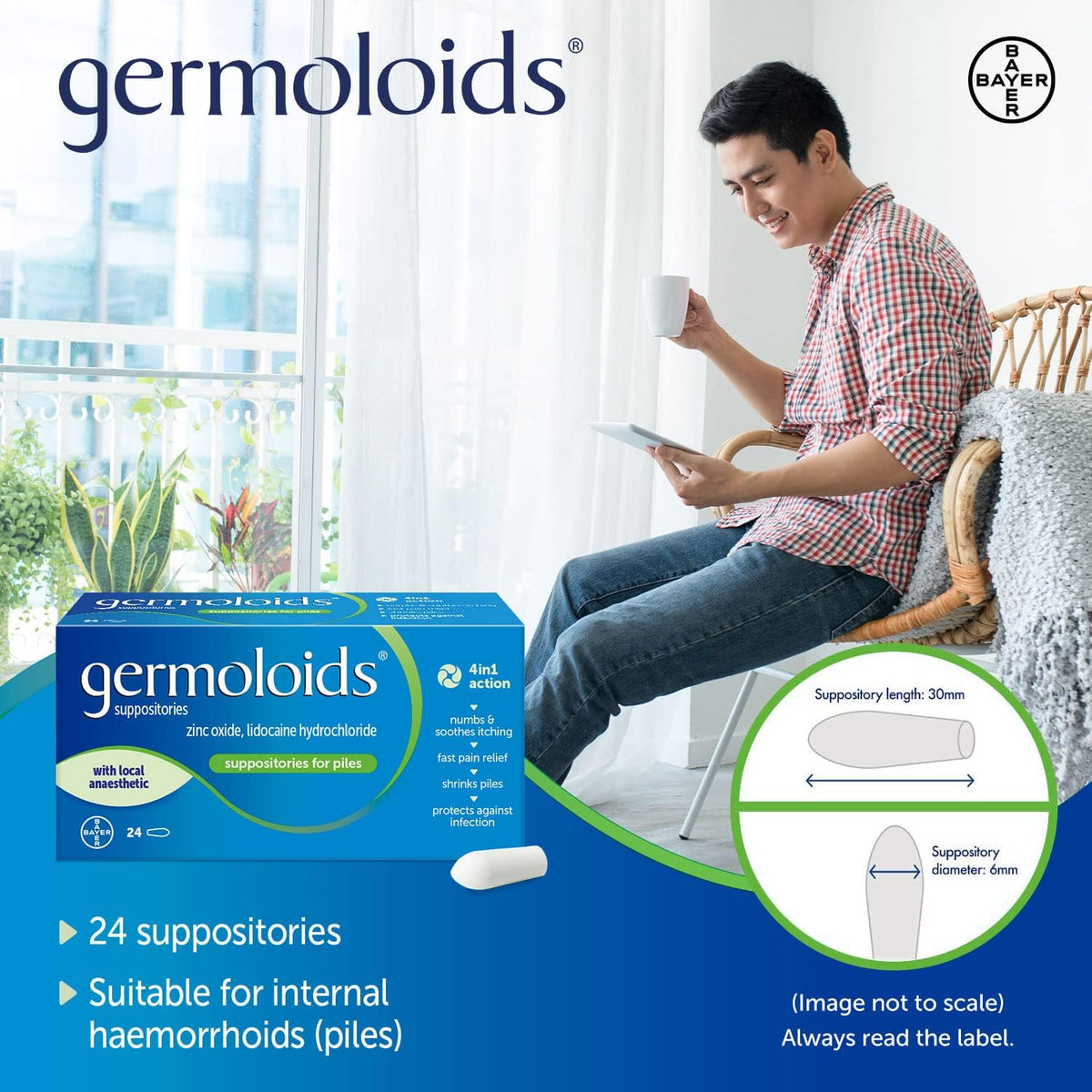 Germoloids Haemorrhoid Treatment & Piles Treatment Suppositories, Triple Action with Anaesthetic to Numb the Pain & Itch, 55 g, 24 Count (Pack of 1)