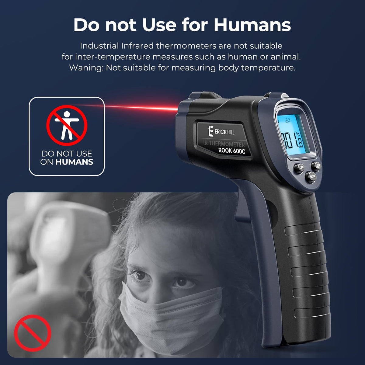 ERICKHILL Infrared Thermometer -50℃~550℃ With -50~260℃ Meat Thermometer, Non-Contact Laser Thermometer Gun LCD Backlit Digital Display Adjustable Emissivity - for Vehicle Repair/Cooking/BBQ/Freezer