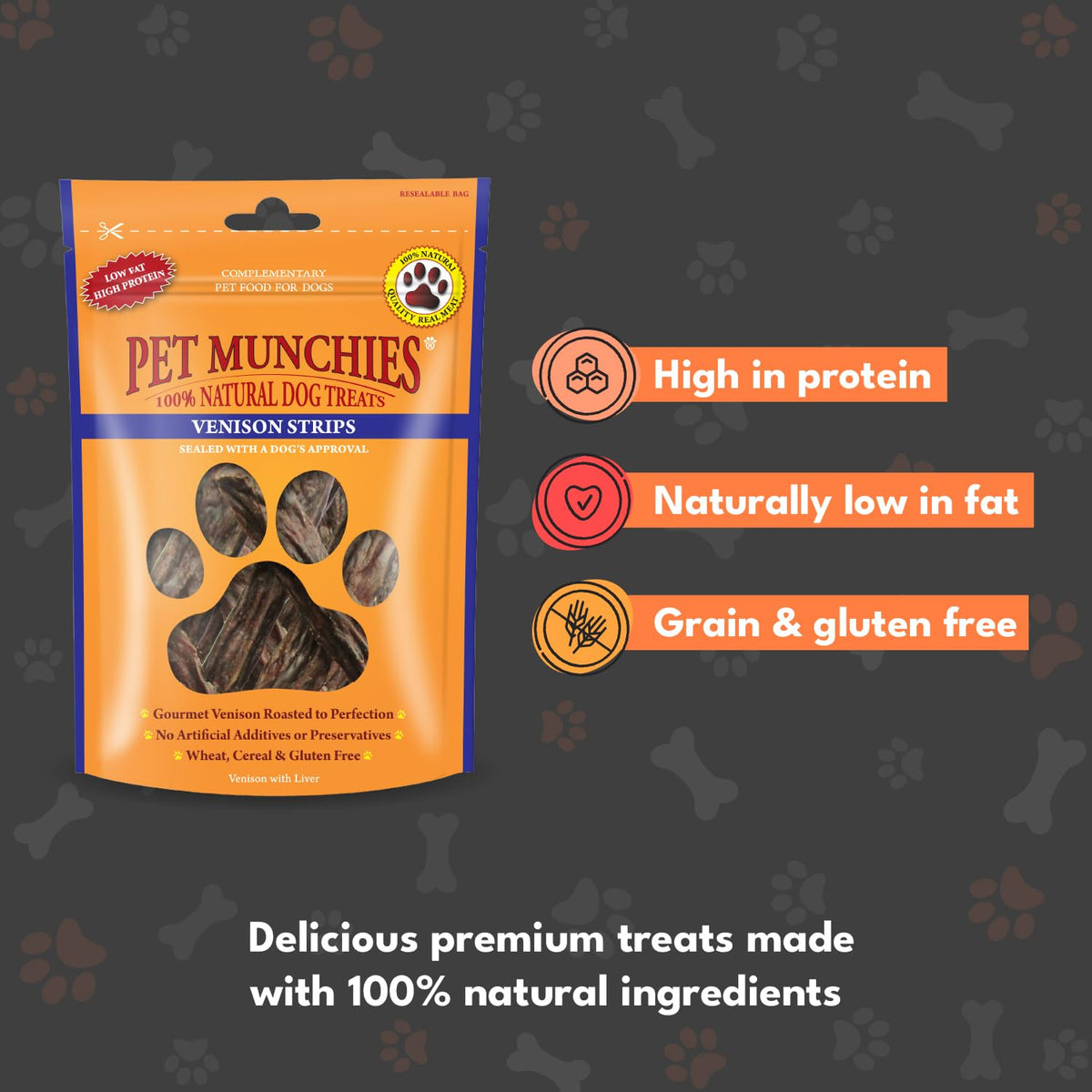 Pet Munchies Venison Strips Dog Treats, Premium Wheat Free Dog Chews with Natural Real Meat, Low in Fat and High in Protein 75g (Pack of 8)
