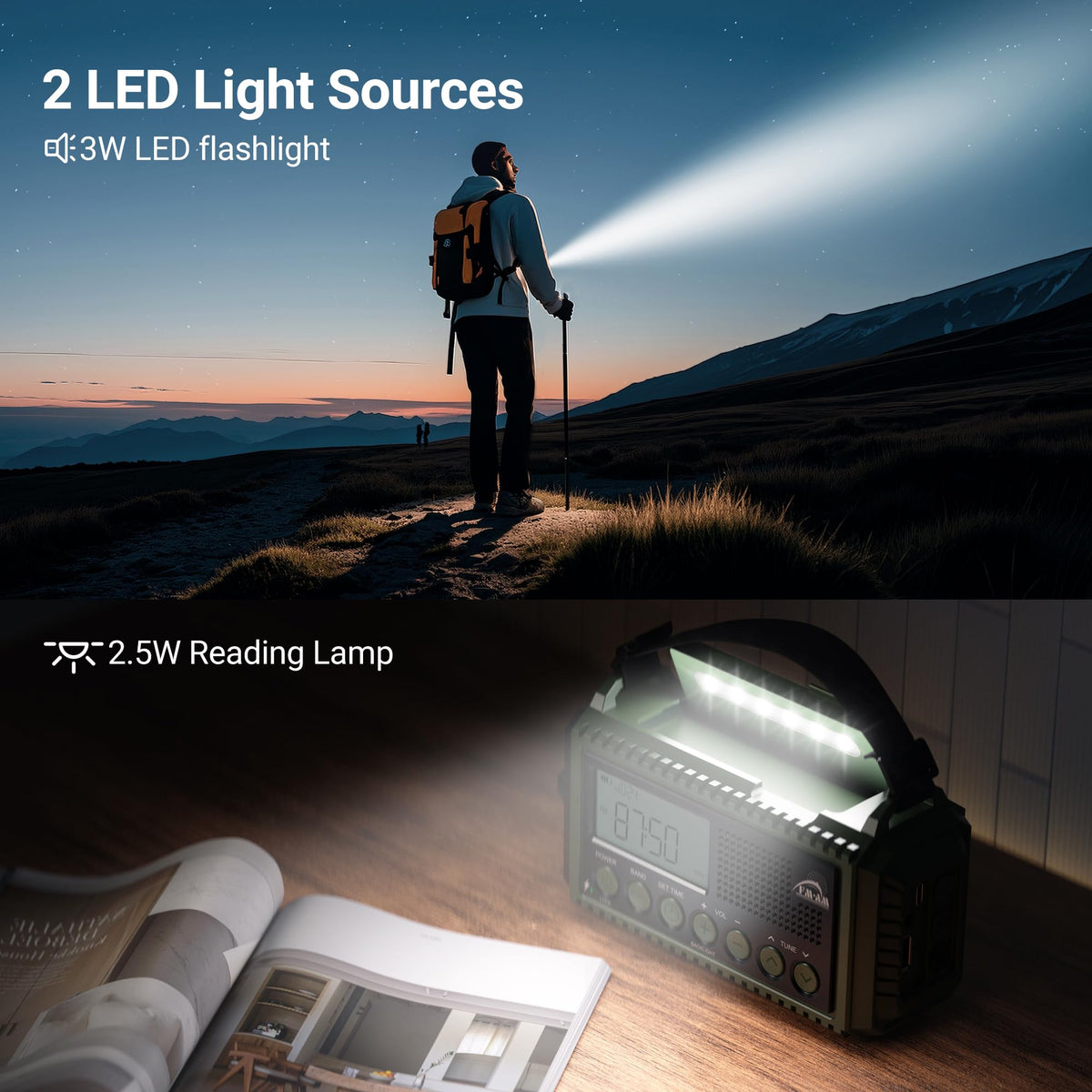 Mesqool Wind Up Radio Solar Powered, 5000mAh Emergency Hand Crank AM FM Radio with Flashlight, Reading Lamp, USB Phone Charger, SOS Alarm and Compass