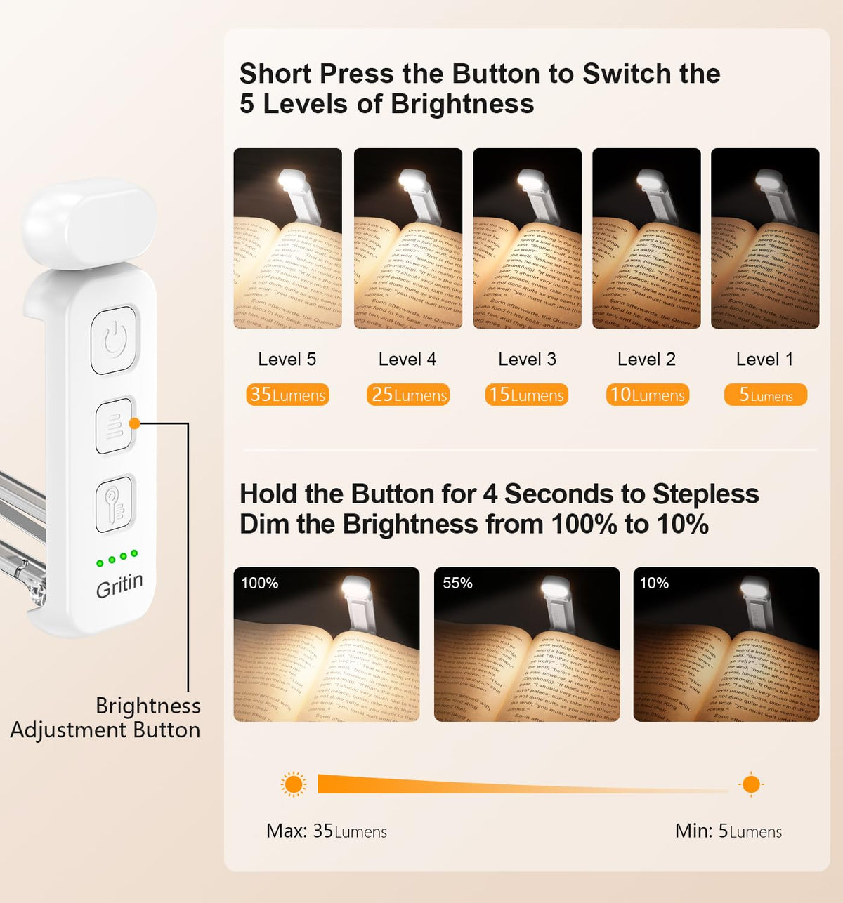 Gritin Book Light Rechargeable, Reading Light Lamp Clip on Books
