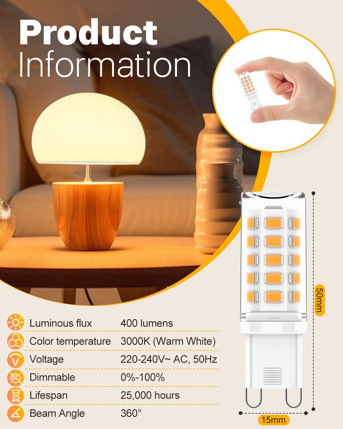 6 Pack G9 LED Bulbs Warm White, 4W, 3000K, No Flicker, Equivalent to 40W Halogen, 400LM, Non-Dimmable, Energy Saving G9 LED Light Bulbs for Decoration, Office, Home Lighting Decor and More