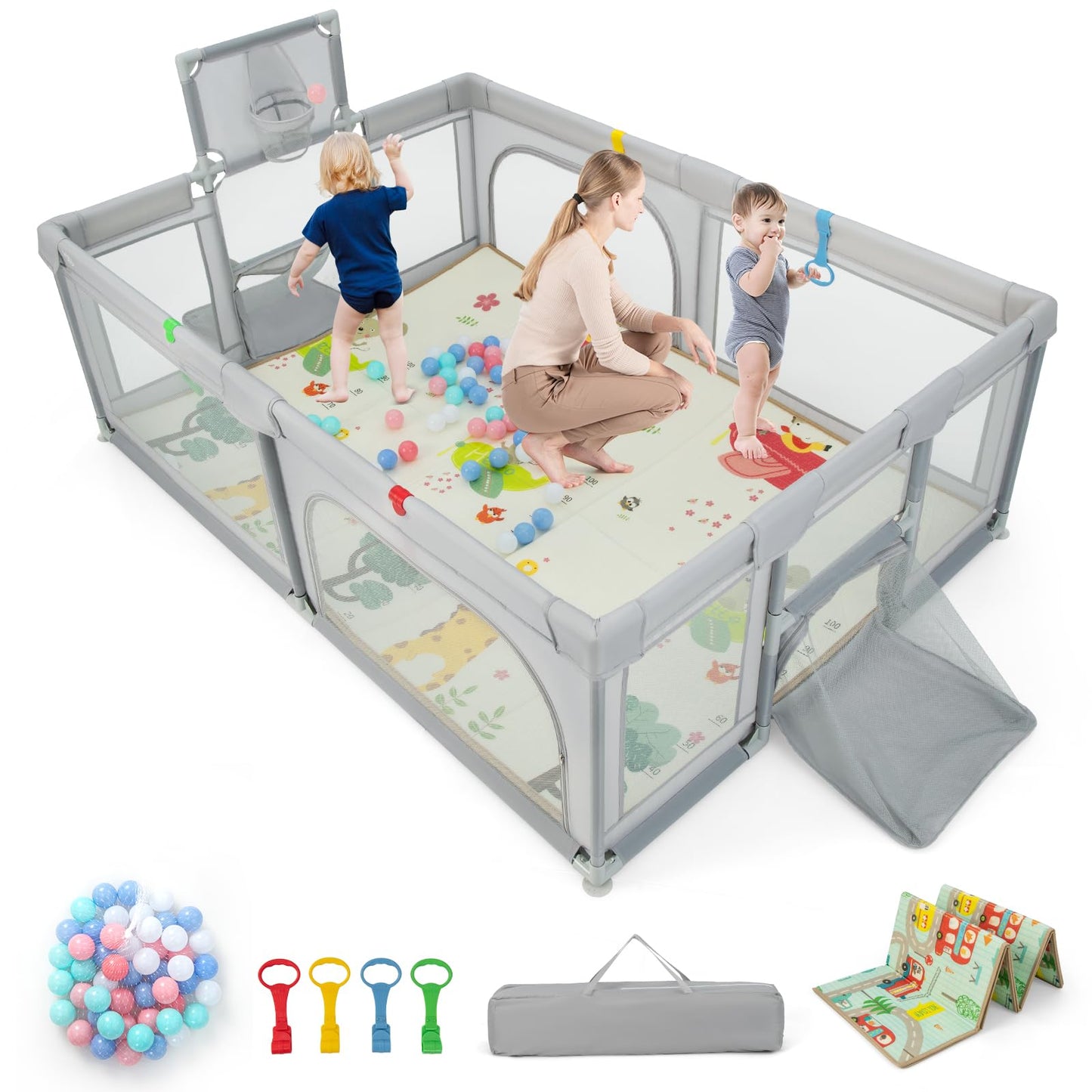 COSTWAY Baby Playpen, Toddler Mesh Play Pen with Mat, Pull Rings, Basketball Hoop, Football Nets, Ocean Balls, Indoor Outdoor Safety Playard for Babies and Toddlers (Light Gray, 207 x 142cm)