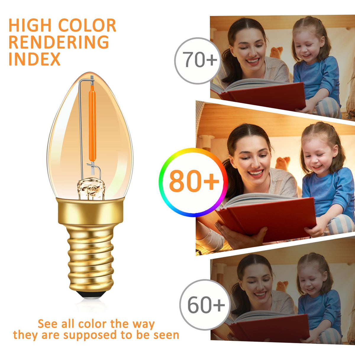 Caldarax 0.5W E14 LED Vintage Night Light Bulb, Mini C7 LED Filament Candle Bulbs Amber Warm White 2200K E14 Orange SES Small Edison Screw Salt Lamp Bulbs, 5W Equivalent, Non Dimmable, 2 Pack