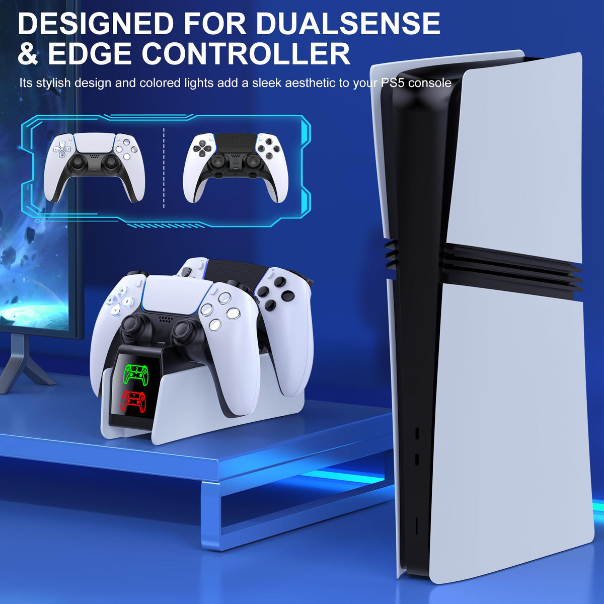HELLCOOL PS5 Charging Charger for DualSense & Edge, Fast Charge 2 Controllers Simultaneously, Drop&Go No Alignment, LED Indicator with Touch Off, Smart Safety Protection, with 1m USB-C Cable