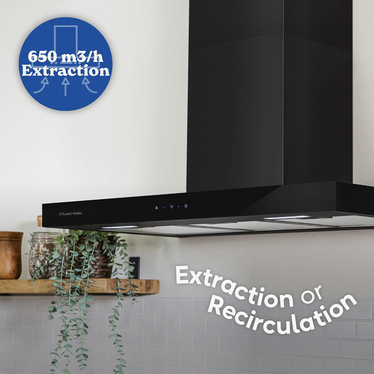 Russell Hobbs 90cm T-Shaped Cooker Hood in Stainless Steel with 3 Speed Settings, 3x Washable Aluminium Filters, Extraction or Recirculation, Boost Function, LED Lights A++ Energy Rating, RHGCH903SS