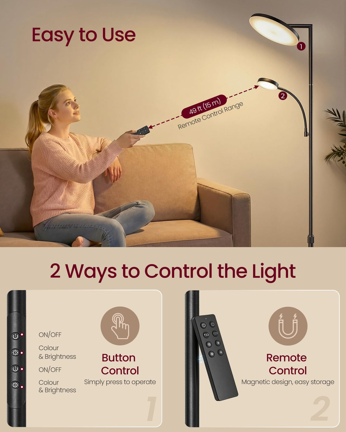 VASAGLE LUSIA LED Floor Lamp, Uplighter, Reading Light, 38.5x23.5x176cm