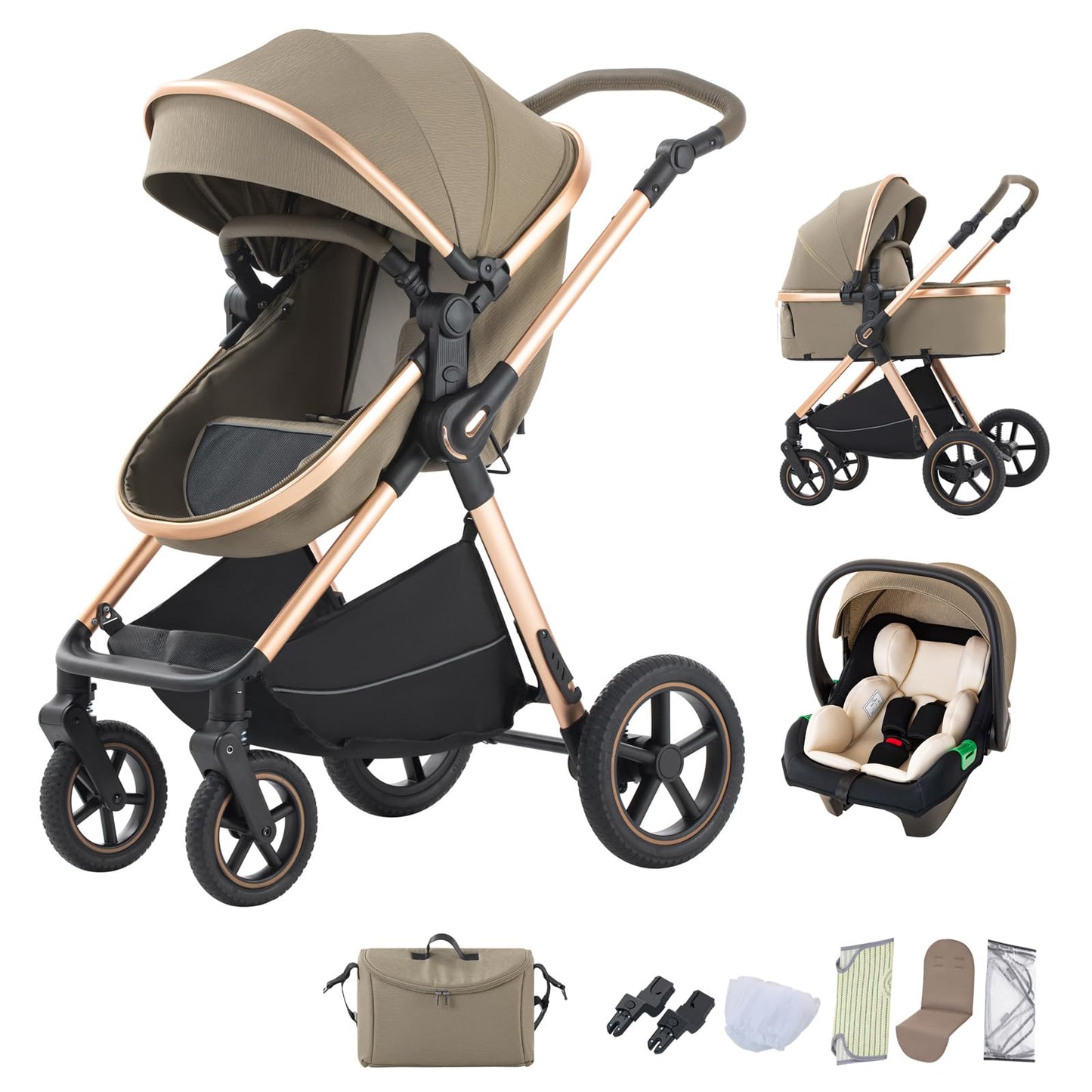 BEBBY Stroller 3-in-1 Baby 3 in 1 with Seat with Foldable Aluminium Frame, Compact Stroller with Adjustable Armrests, Combined Strollers,High Landscape Travel Pushchair (gen-H9-PINK, H9)