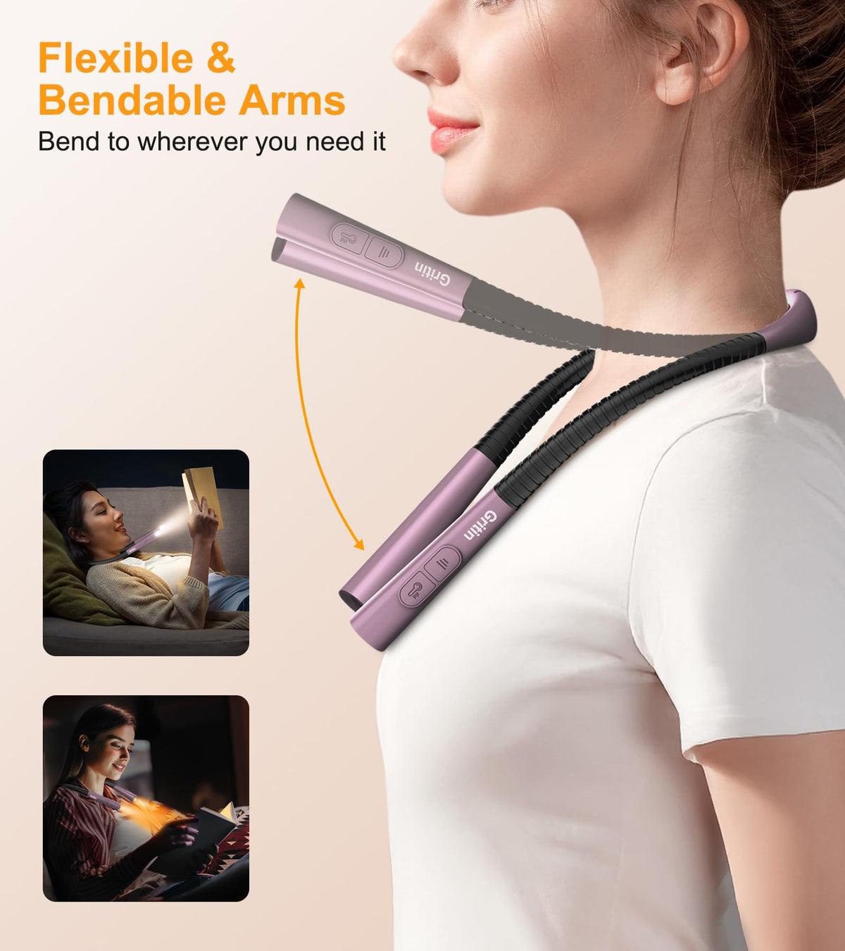 Gritin Book Light, Eye Caring 4-Color&5-Brightness Neck Light Reading Lamp