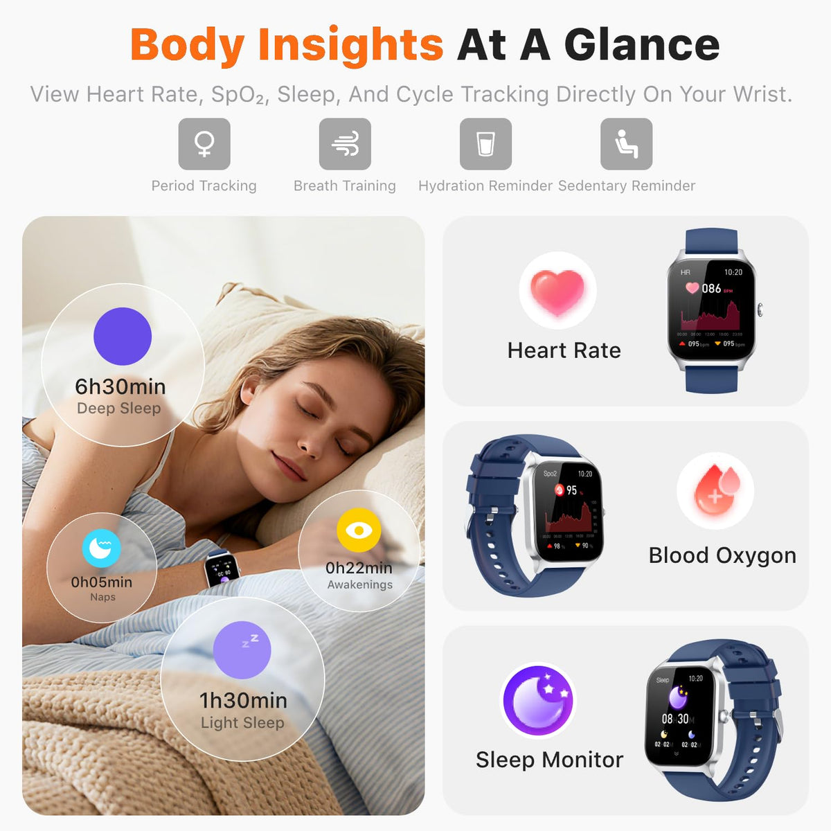 Smart Watch for Women Men - Answer/Make Call, Fitness Tracker Smartwatch for Android iPhone Compatible, Sleep Female Cycle, 120+ Sports Modes Step Counter (Blue, 2 Straps)