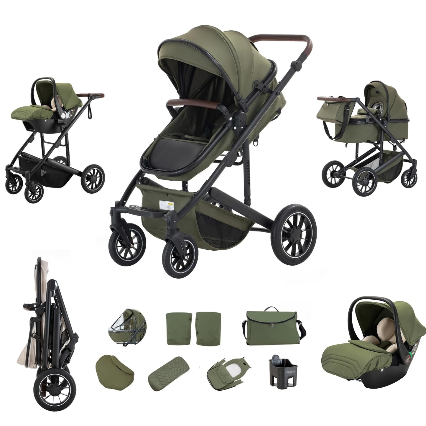 Zkipm Baby Pram 3 in 1, Foldable Baby Stroller,Pram Set Travel with Adjustable-Height Push Handle, Present Rain Cover, Mosquito Net, Bag, Cooling Mat, ect for Ages 0–3