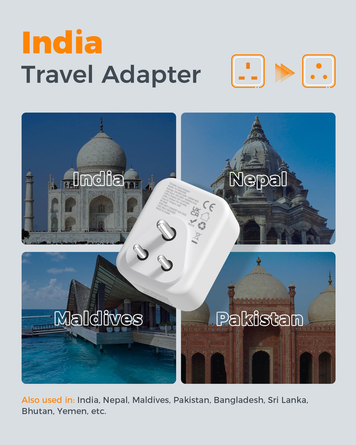 TESSAN UK to South Africa Plug Adapter, Type M Travel Adaptor with USB C