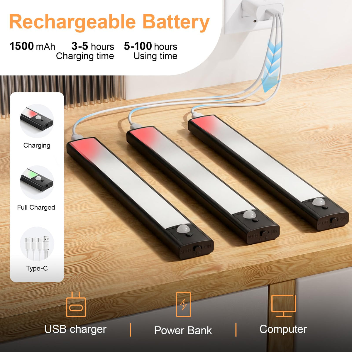 daphomeu 5 Pack Rechargeable Under Cupboard Kitchen Lights, 20CM Dimmable Warm Cabinet Light, LED Motion Sensor Lights Indoor, Magnetic Stick Light for Kitchen Shelf Stairs Wardrobe