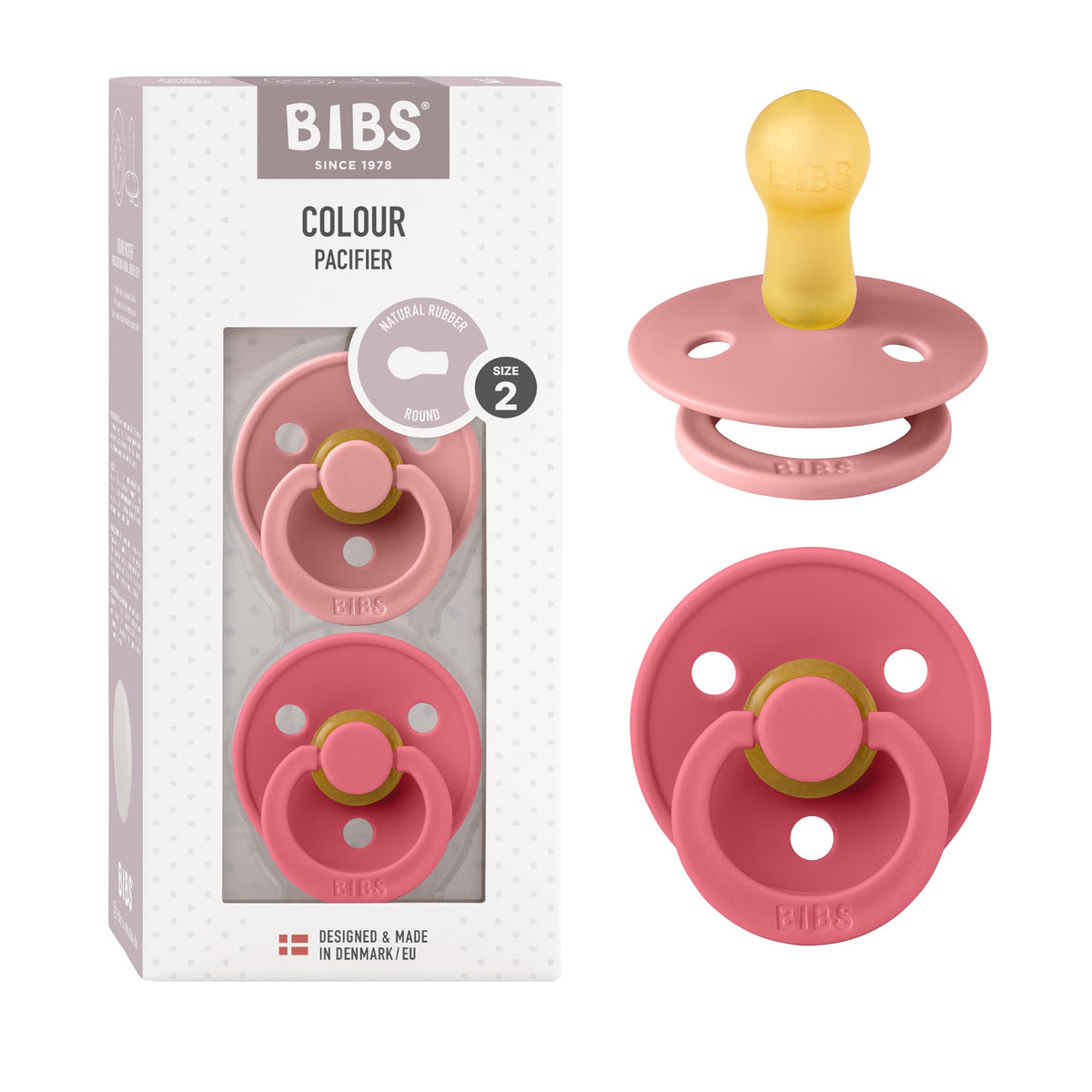 BIBS Colour Soother 2-Pack, BPA Free Dummy Pacifier, Round Nipple. Natural Rubber Latex, Made in Denmark, Size 2 (6-18 Months), Baby Blue