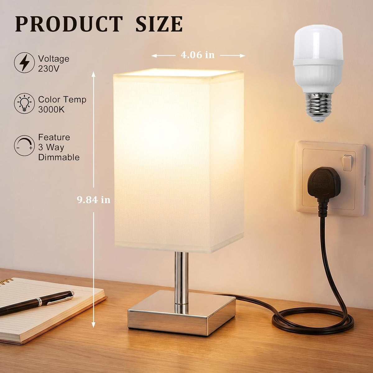 White Table Lamp for Bedroom, Small Bed Lamp with for Bedroom, Silver Base(Bulb Included)