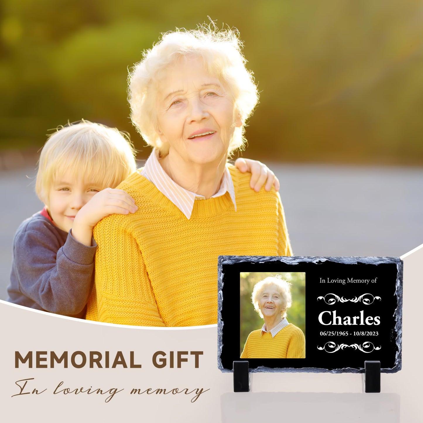 Personalised Memorial Plaque, Custom Rock Slate Frame with Photo Text, Customised Memorial Gifts for Loss of Loved One, Cemetery Decorations for Grave