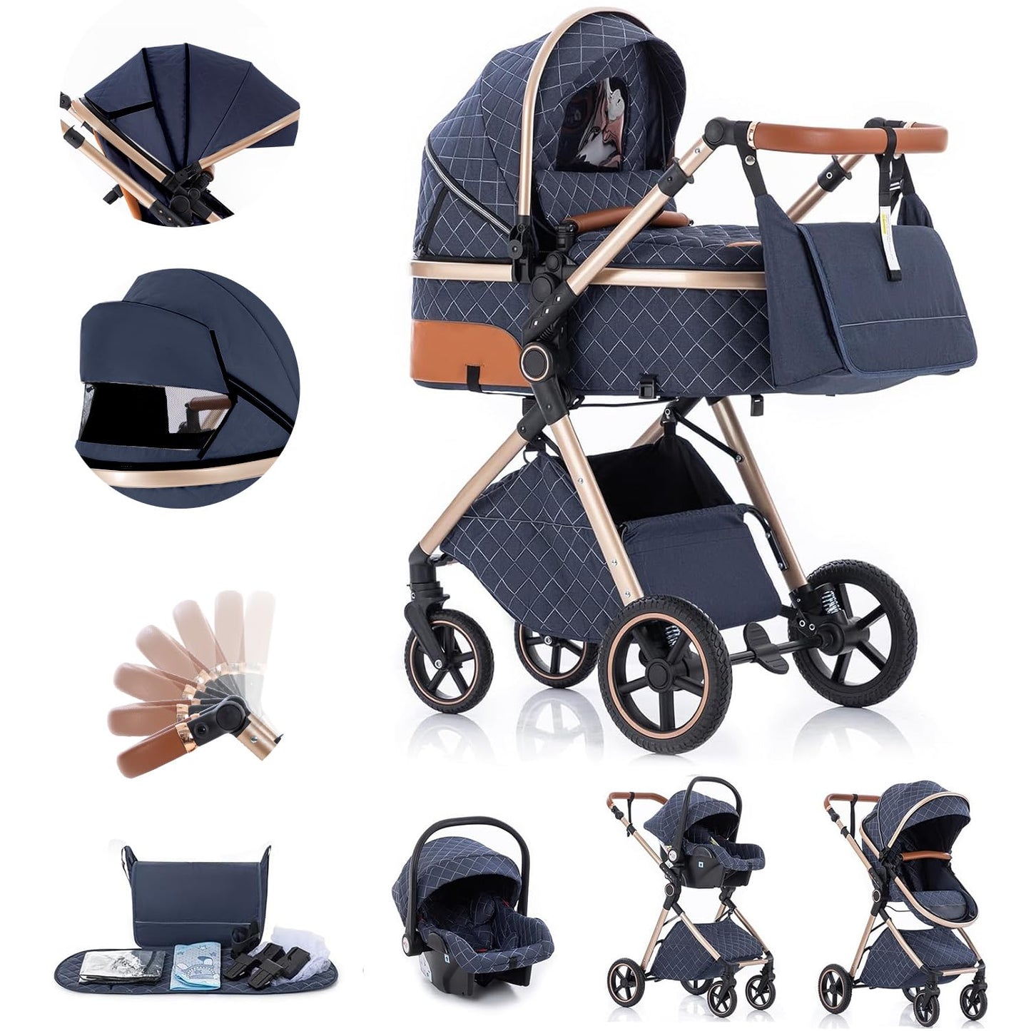 Gcarebb 3 in 1 Prams Travel System, Pushchair with Height Adjustable Handle, Travel Pram with Rain Cover, Baby Stroller with Aluminum Frame for Newborn