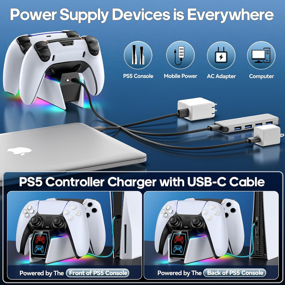 Tokluck Controller Charger Station Compatible with PS5 DualSense & Edge, RGB Charging Stand for PS5 Dual Controller Gaming, Games Charging Dock with LED Lights & Cable for PlayStation 5 Accessories