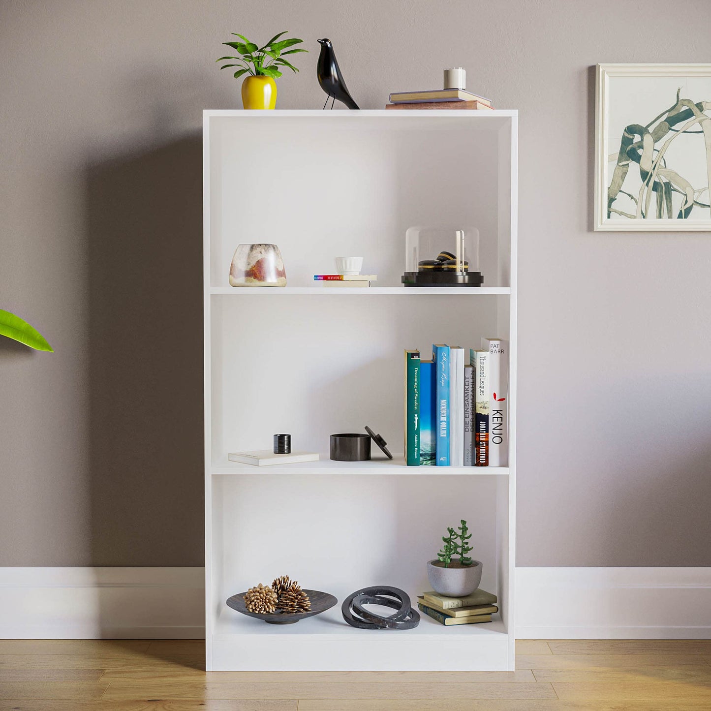 Vida Designs Cambridge 3 Tier Low Bookcase, White Wooden Shelving Display Storage Unit Office Living Room Furniture