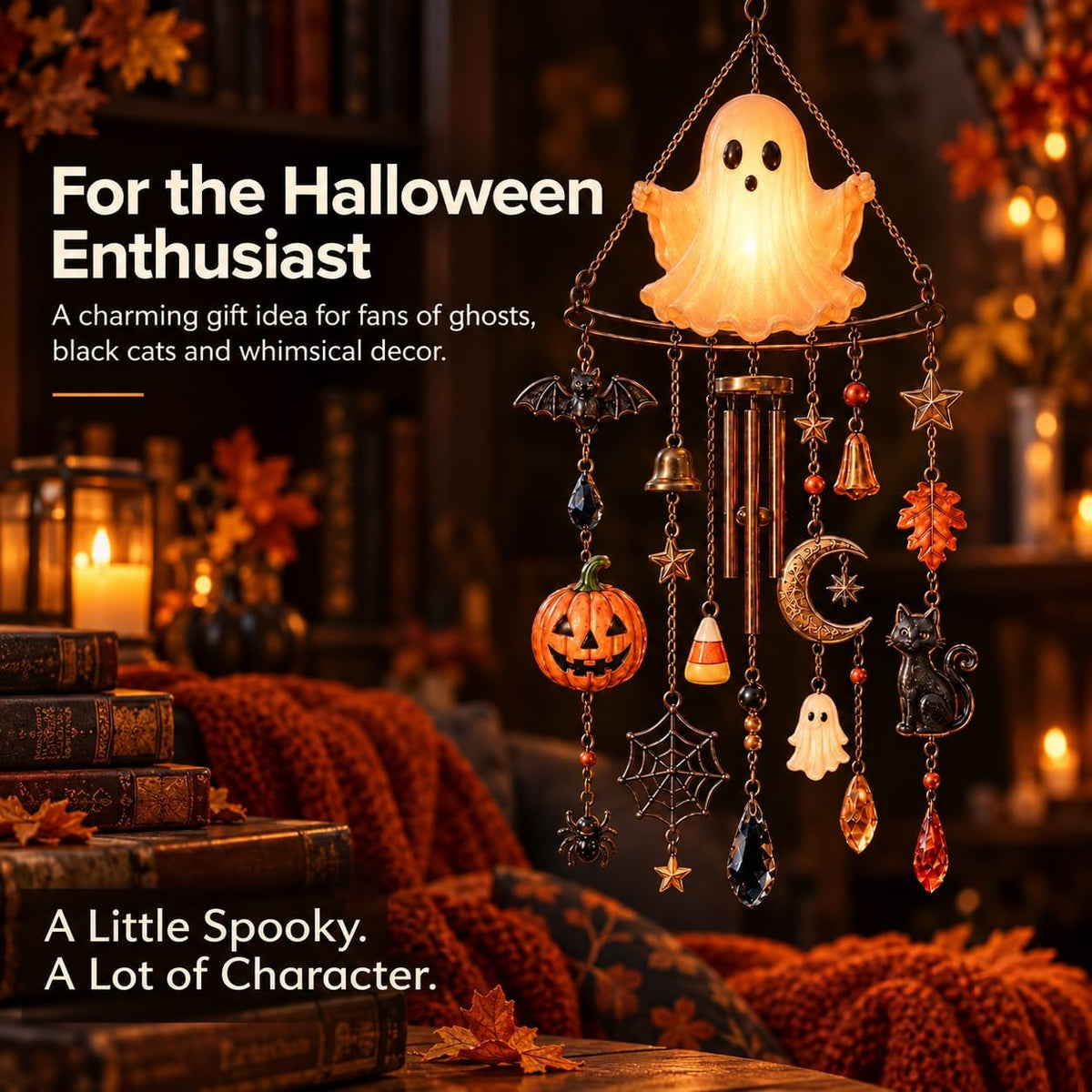 Halloween Ghost Wind Chime, Light Up Hanging Decoration with Pumpkin, Black Cat, Bat and Moon Charms, Warm Glow Halloween Decor for Window and Entryway