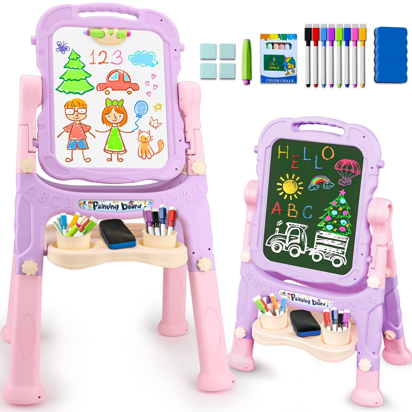 4 in 1 Kids Easel with Magnetic Whiteboard Chalkboard, Toddler Art Easel for Kids with Height Adjustable & 360°Rotatable Drawing Writing Painting Accessories, Gifts for 2 3 4 5 6 7 Year Old Boys Girls