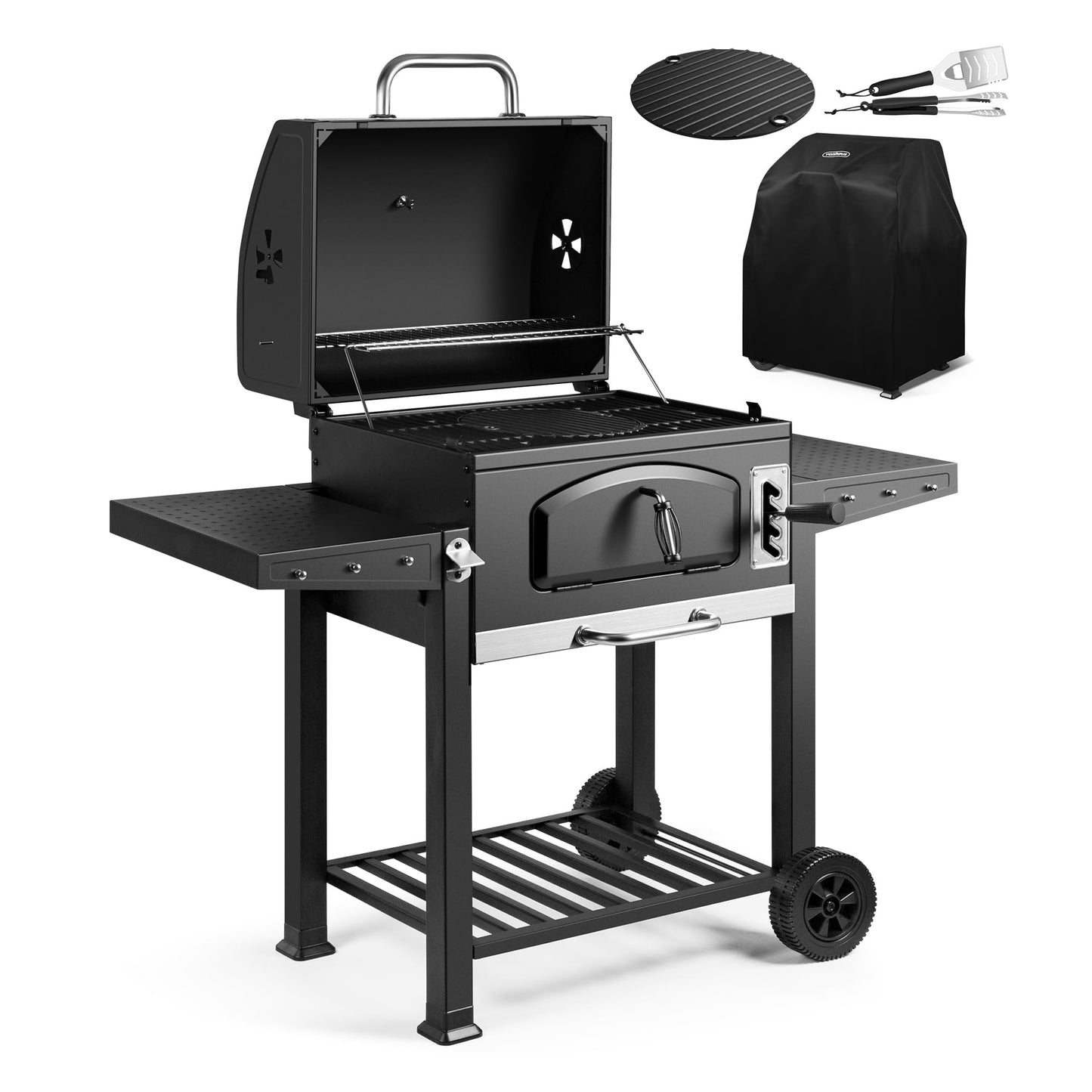 VonHaus Charcoal BBQ – XL Portable Barbecue with Warming Rack, Fold Down Shelves, Temperature Gauge, Wheels, Cooking Grill, Air Vents – 2 in 1 Barbeque and Smoker – Grill Meat, Fish & Vegetables