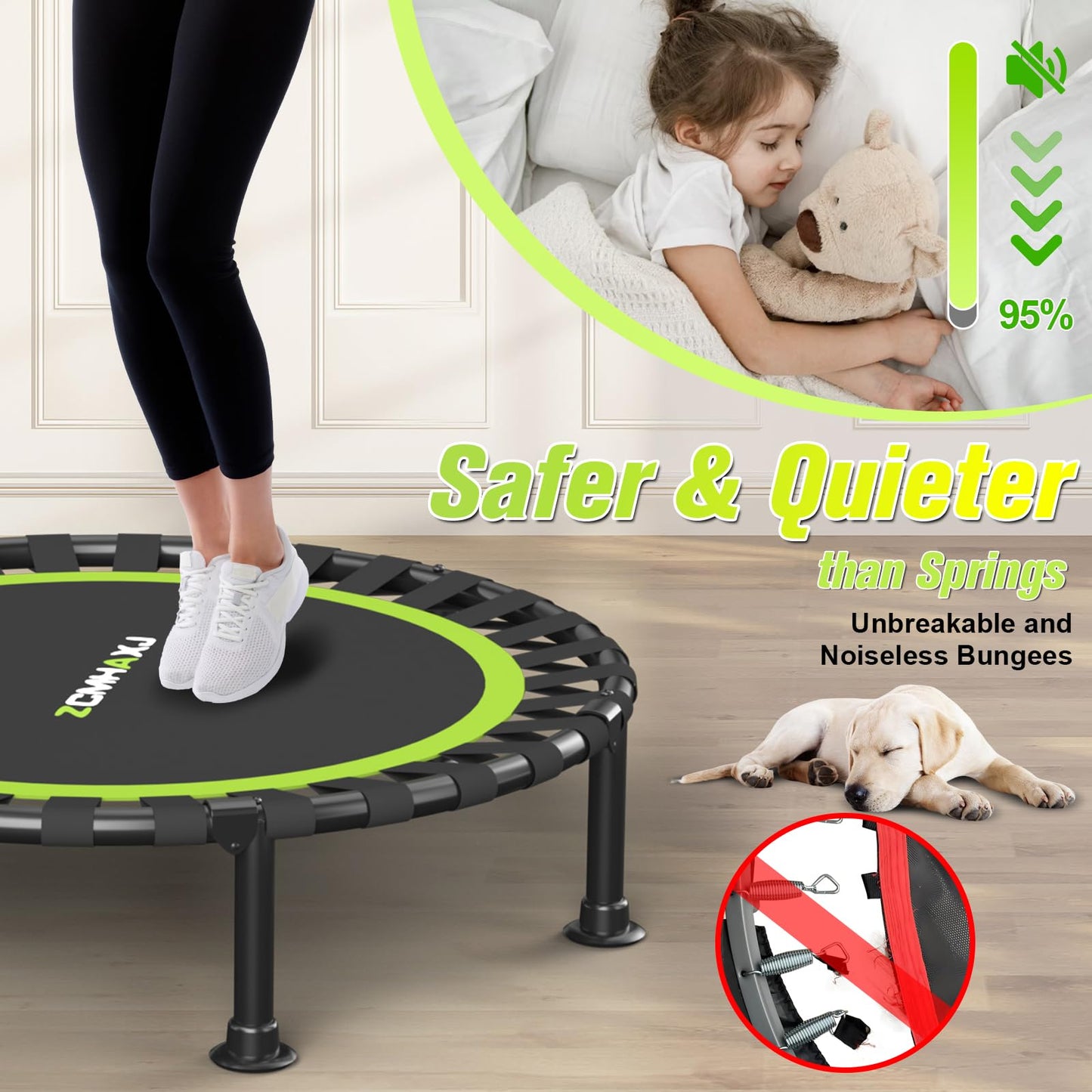 ZCMHAXJ Foldable Mini Trampoline, 40" Rebounder Trampoline for Adults & Kids, 450lbs Capacity with/without U/T-Shaped Adjustable Bar, Indoor Fitness Workout Exercise Equipment