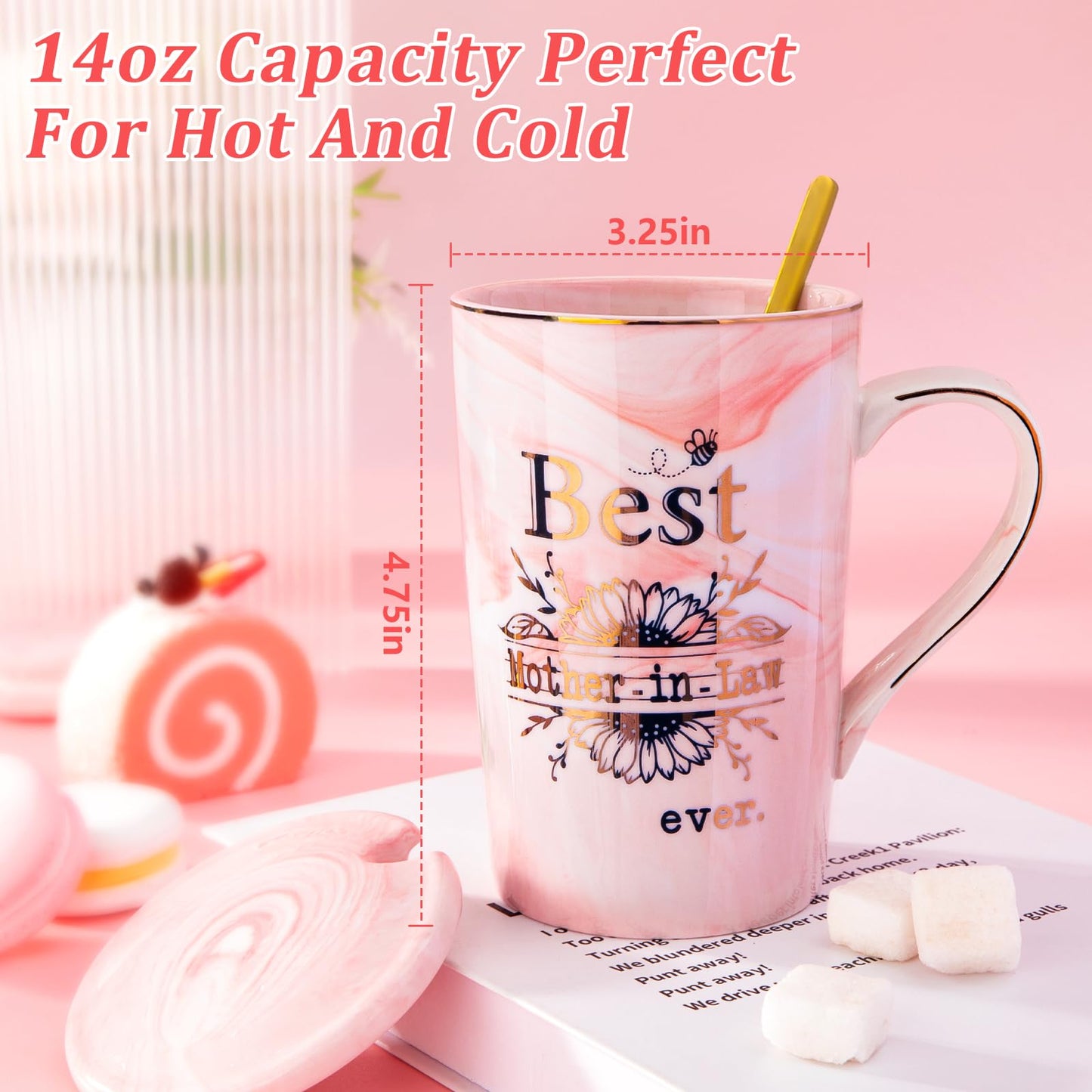 Unique Teacher Appreciation Gifts for Women - Best Teacher Gifts for Teachers, 14oz Pink Marble Ceramic Coffee Mug Printed with Gold, Retirement Birthday Graduation Ideas, End of The Year, Gift Boxed