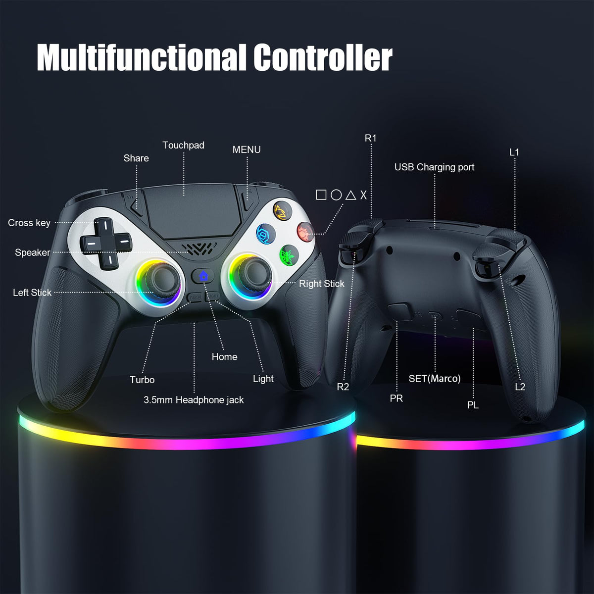 Dinosoo RGB Wireless Controller for PS5/Pro/Slim & PCs, Bluetooth Gamepad with Back Buttons, Touchpad, Macro, Turbo, Dual Vibration, 6-Axis Sensor, Speaker, 3.5mm Audio Jack,White