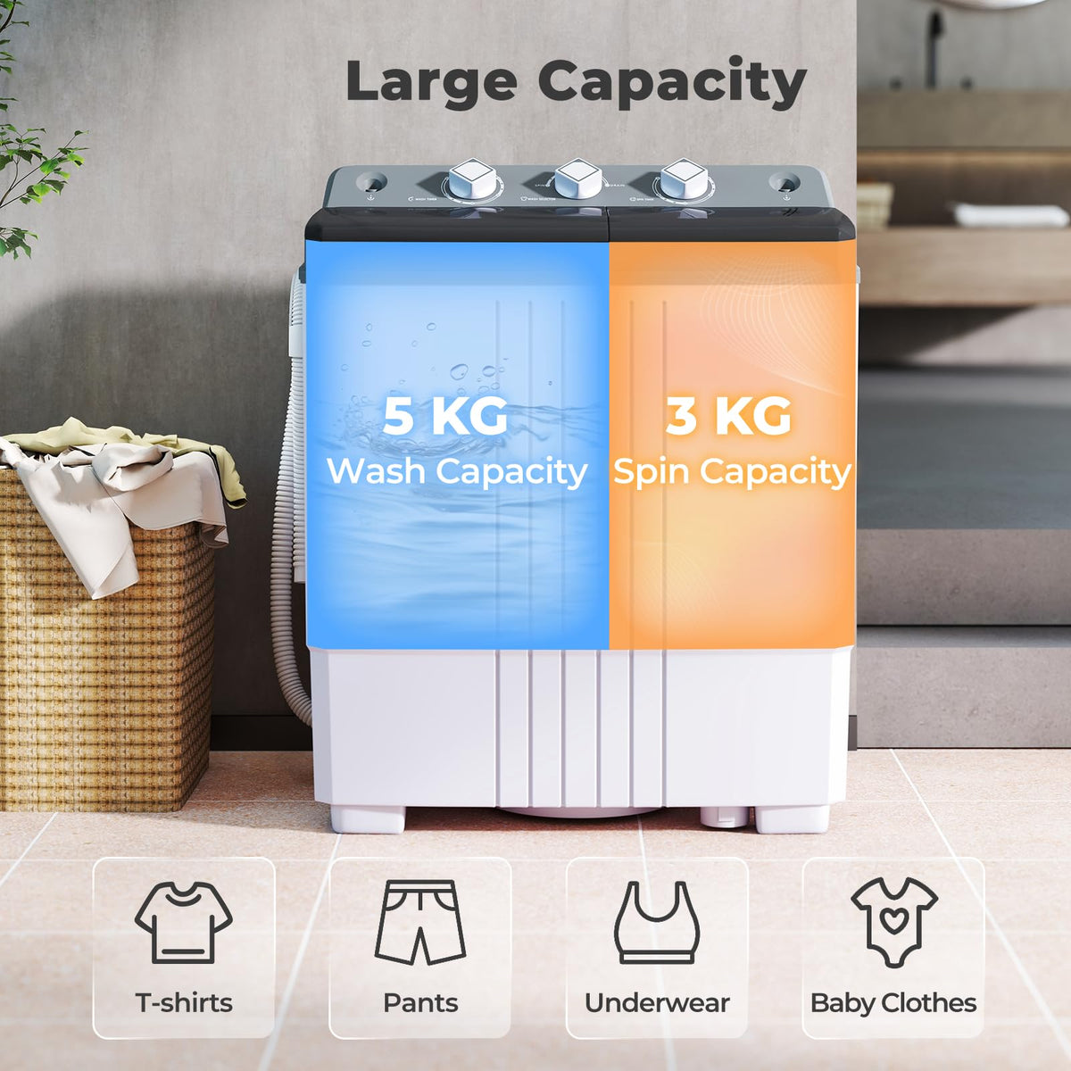 TANGZON Twin Tub Washing Machine, 8KG Portable Washing Machine Spin Dryer