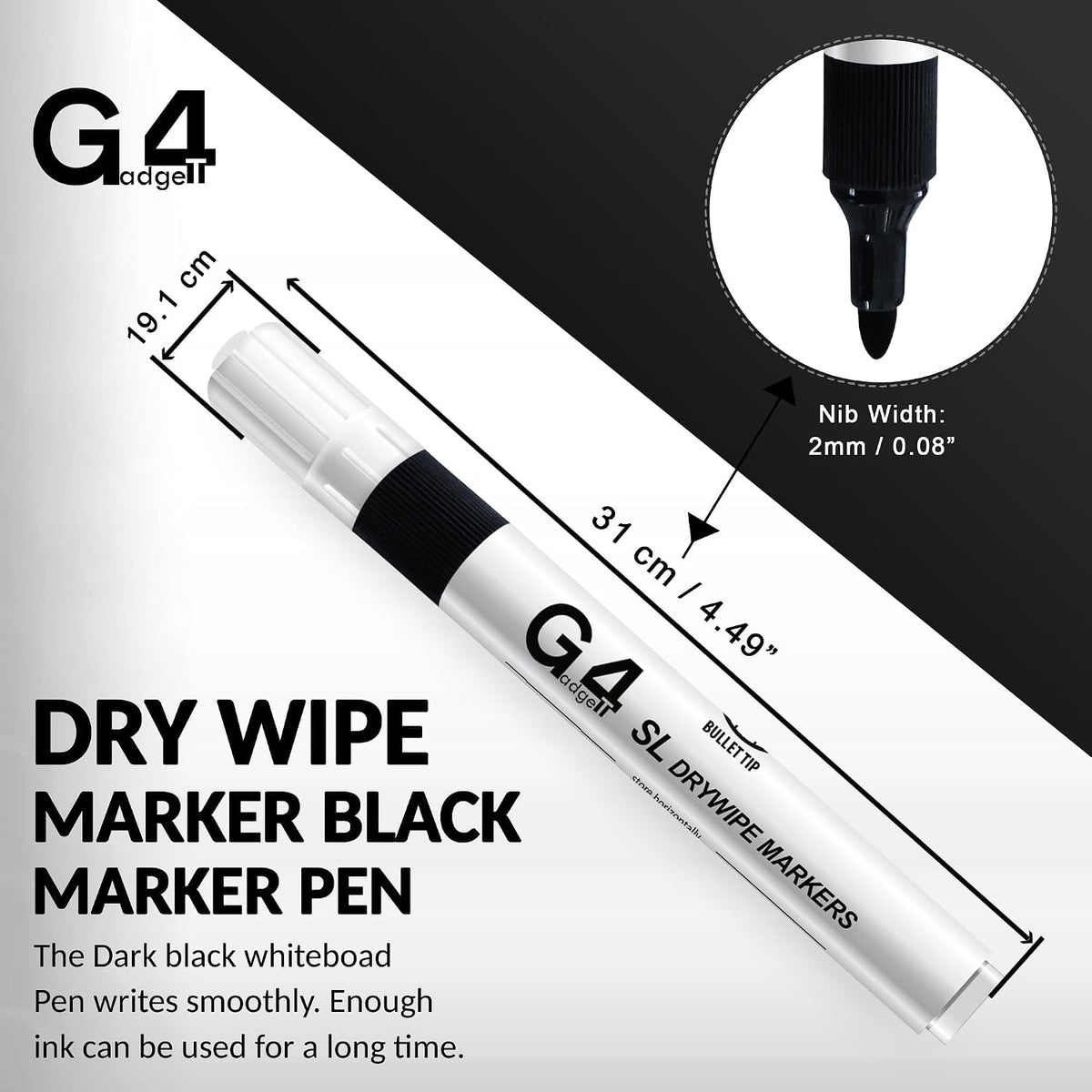 G4GADGET Nice Style Pack of 10 Non-Toxic Ink Black Colour Whiteboard Dry Wipe Marker Pens Bullet Tip