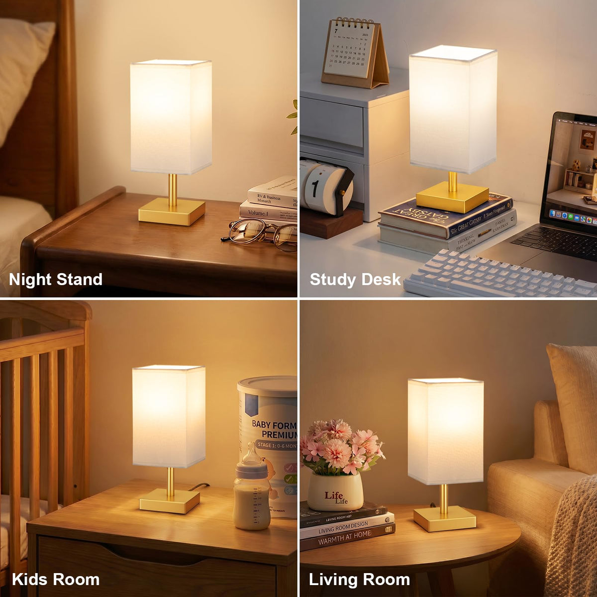 White Table Lamp for Bedroom, Small Bed Lamp with for Bedroom, Silver Base(Bulb Included)