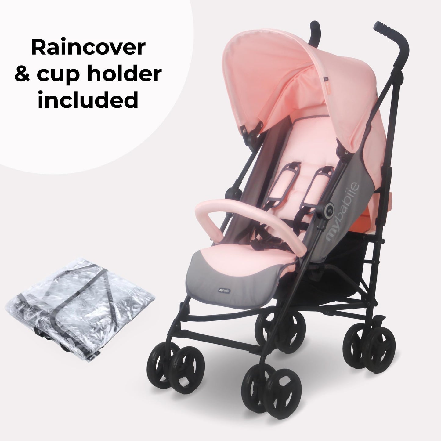 My Babiie MB02 Plus Stroller - from Birth to 4 Years (22kg), Lightweight & Compact Umbrella Fold, Travel Buggy for Toddlers, Pushchair Includes Cup Holder and Rain Cover - Pink & Grey