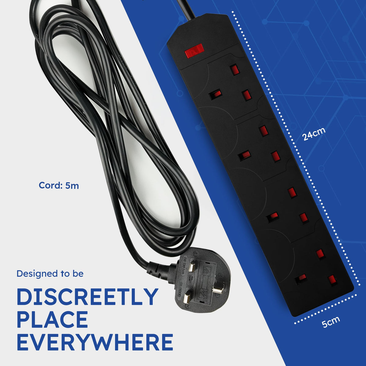 DESIRETECH Black Electric Extension Lead - 4 Gang, 1 Metre Cable with UK Plug & 3 Pin Socket - Wall Mountable & Multi Socket Mains Strip for Home, Bedroom, Kitchen, & Office (1 Pack)