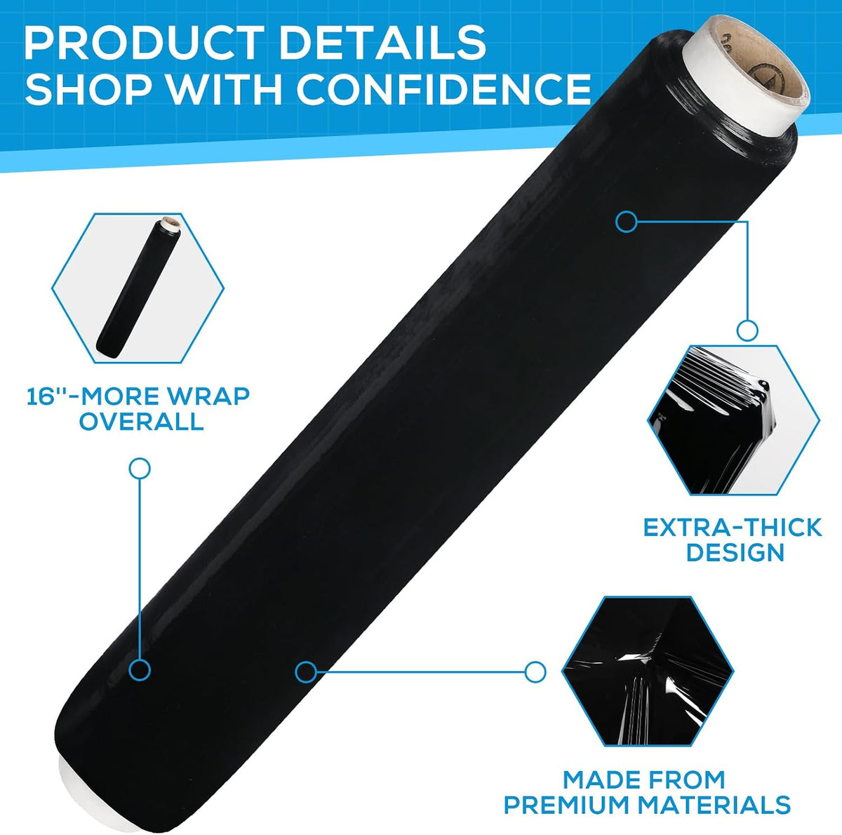 Rainberg Strong Heavy-Duty Stretch Film for Pallet Wrapping, Packaging and Moving for Furniture, Luggage, and Parcels, Water & Moisture Proof Pallet Stretch Shrink Wrap rolls 400mm x 250m (Black, 6)
