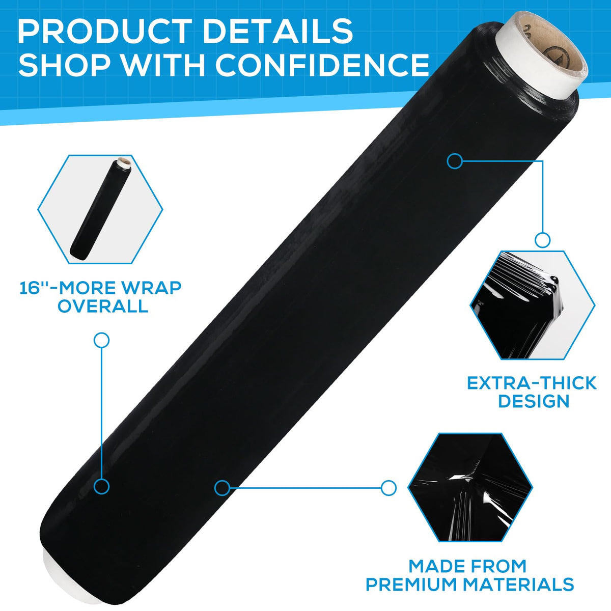 Rainberg Strong Heavy-Duty Stretch Film for Pallet Wrapping, Packaging and Moving for Furniture, Luggage, and Parcels, Water & Moisture Proof Pallet Stretch Shrink Wrap rolls 400mm x 250m (Black, 6)
